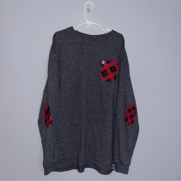 Simply Southern Merry & Bright Gray Long Sleeve Tee with Red Plaid Accents - Picture 2 of 5
